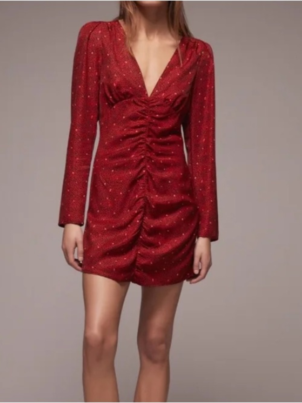 Zara red printed long-sleeve mini dress featuring a deep V-neck ruched front M